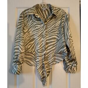 Rachel Zoe Animal Print Linen Shirt Womens Size M White/Tan